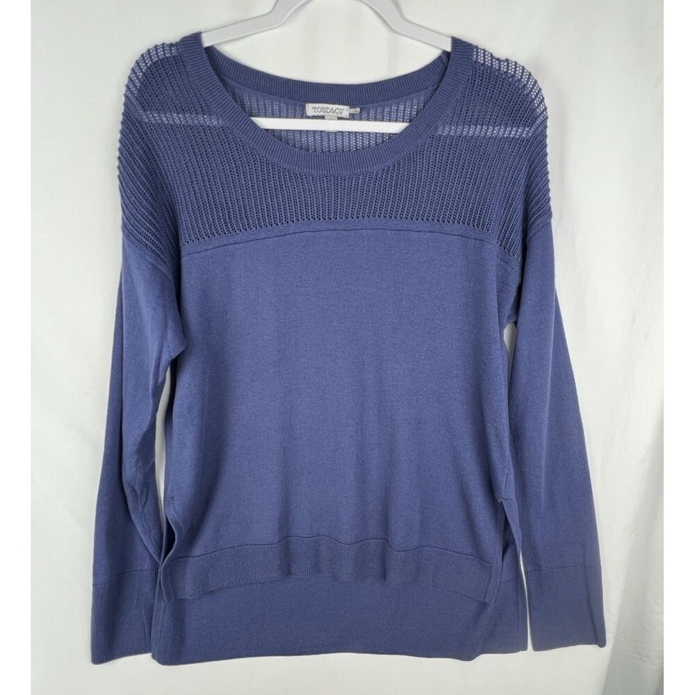 TOAD & CO Sweater‎ Women’s Large Blue Merino Wool Organic Cotton Open Knit